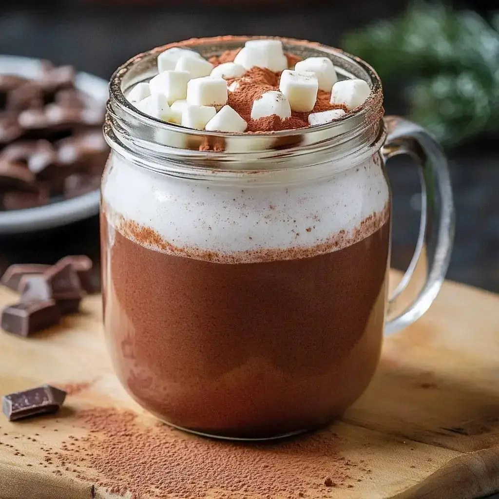A big glass jar full of hot chocolate, loaded with whipped cream, cocoa dust, and marshmallows, plus chocolate chunks on a wooden table.