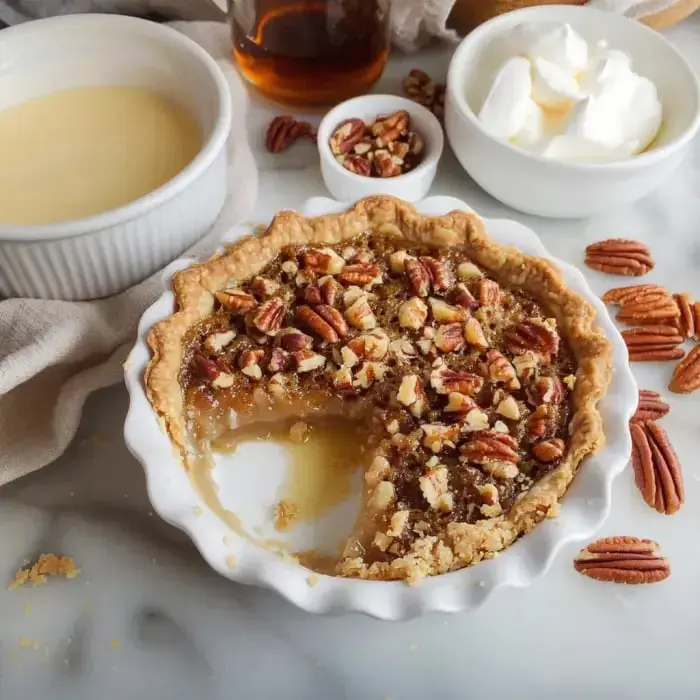 A pecan pie with a slice gone, surrounded by tiny bowls of cream, syrup, and chopped pecans on a marble surface.