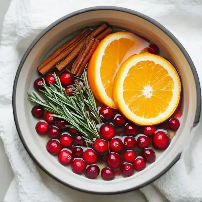 A bowl holding orange pieces, cranberries, cinnamon sticks, and rosemary sprigs.