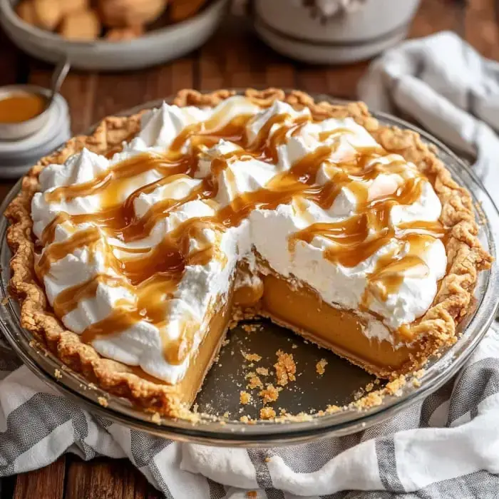 A golden pie with whipped cream and caramel on top. A big slice is missing, showing off the creamy inside. All the delicious layers are on display.