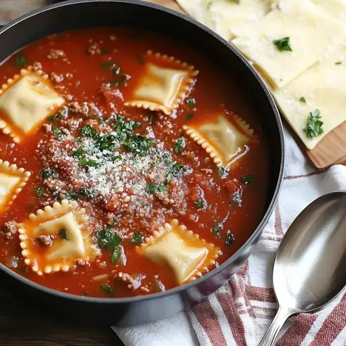 A bowl loaded with ravioli and zesty tomato sauce, topped with seasoned beef and fresh herbs, with uncooked pasta on the side.