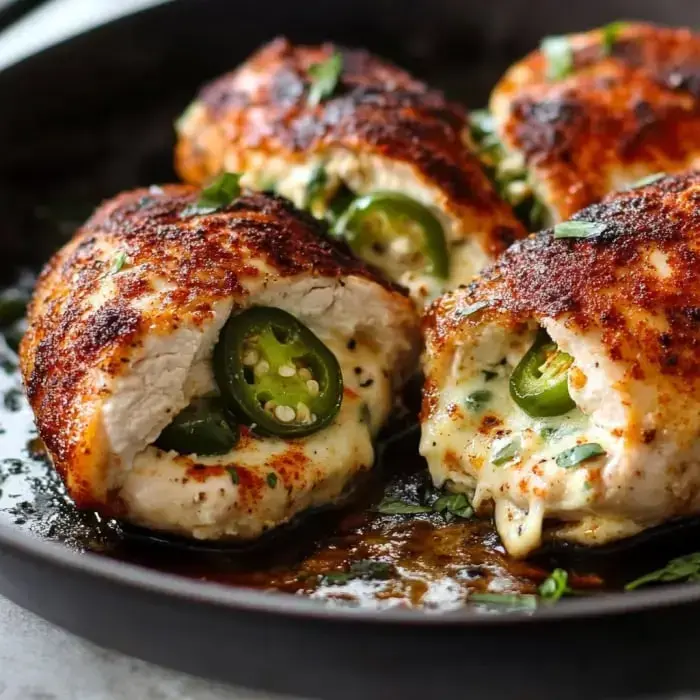 Three juicy oven-baked chicken breasts filled with cheese and jalapeños sit in a dark skillet.
