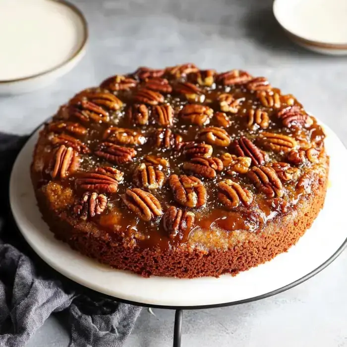 A shiny caramel pecan upside-down cake sits on a white cake stand, with a plate nearby and a dark napkin close by.