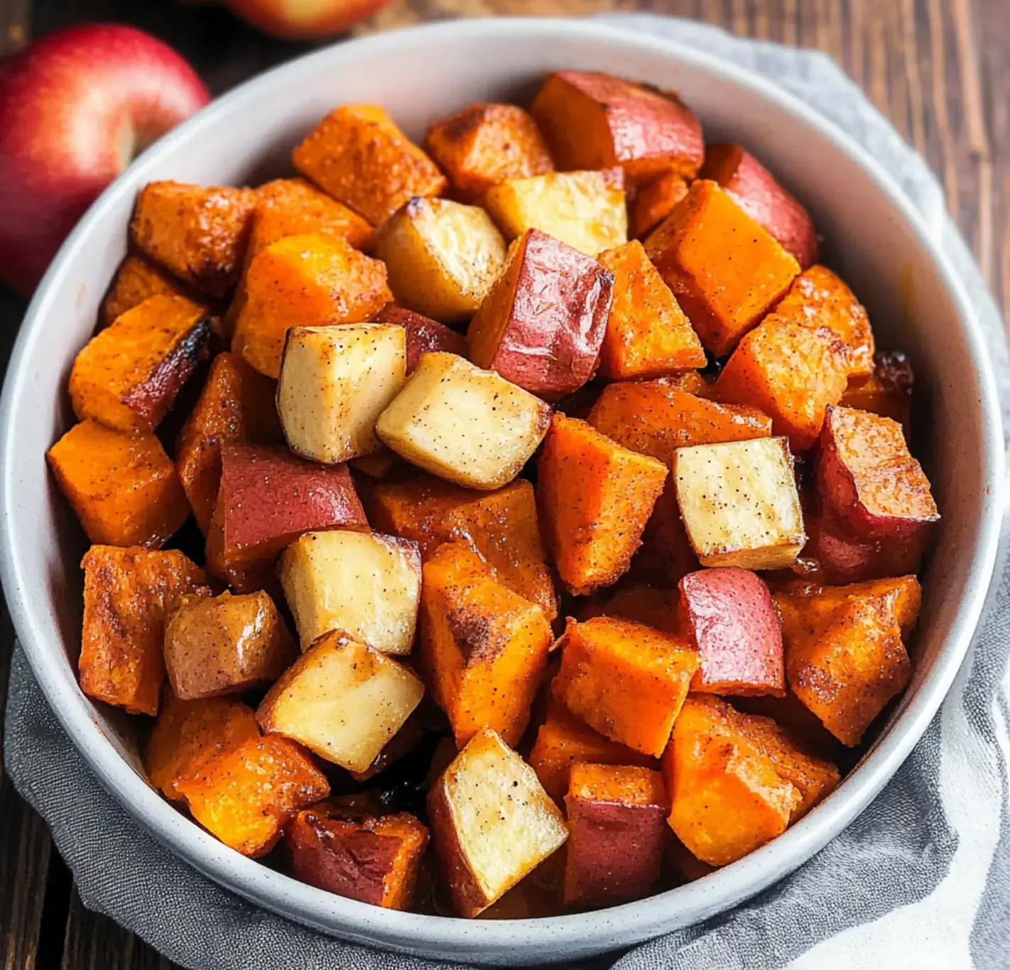 Cubes of roasted sweet potato and apples, shiny and seasoned, in a bowl.