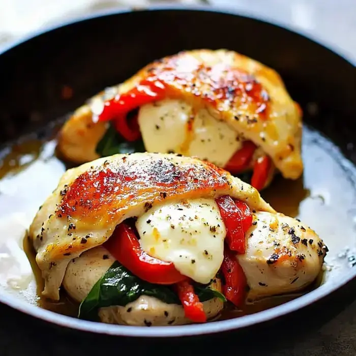 Two chicken breasts loaded with cheese, spinach, and red pepper, cooked together in a pan.