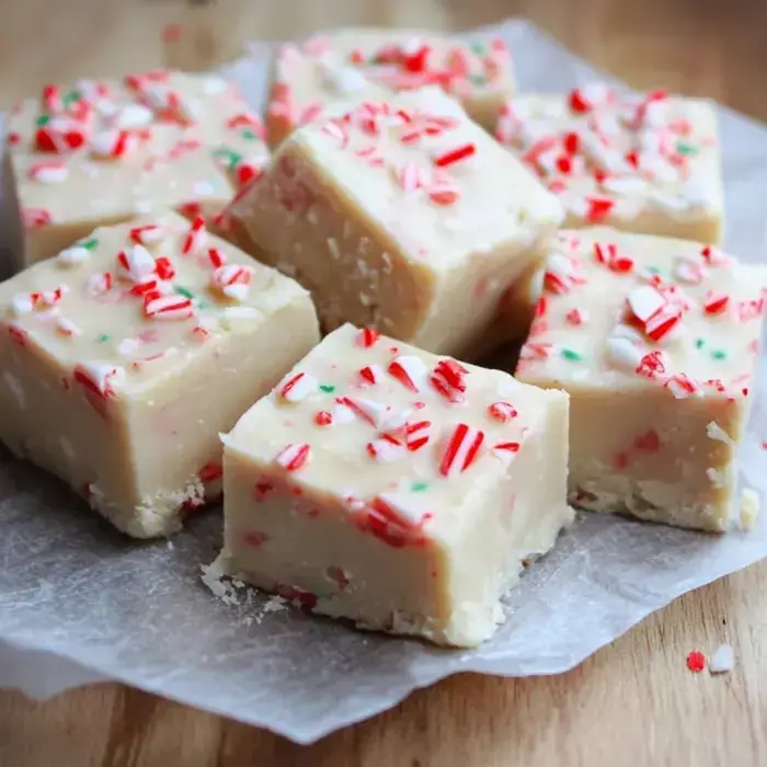 Soft peppermint fudge cut in squares with crushed candy pieces on top, all sitting on parchment paper.