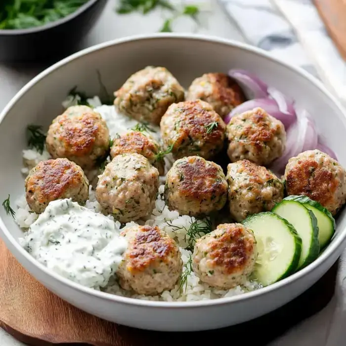 A helping of rice topped with golden turkey meatballs, fresh cucumber rounds, dill, red onion, and creamy white sauce.