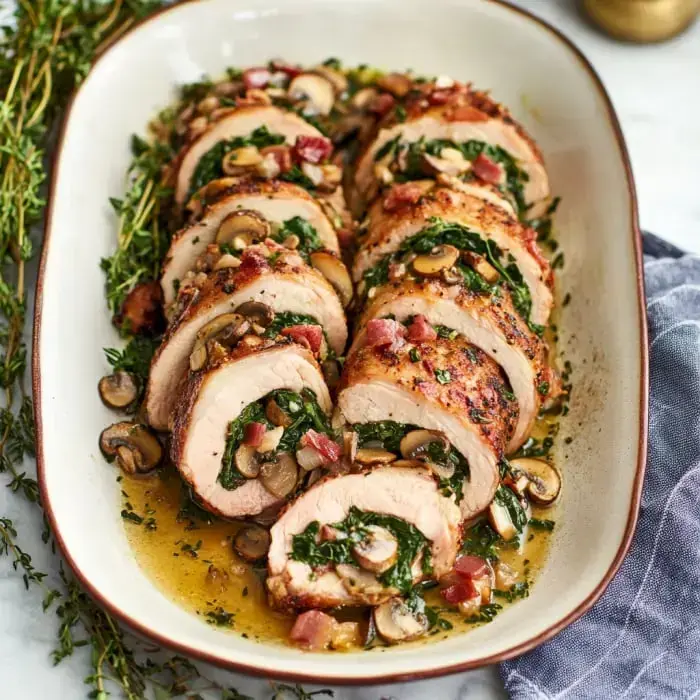 Slices of stuffed chicken breast on a serving platter, packed with mushrooms, spinach, and bacon, topped with fresh chopped herbs and a drizzle of sauce.