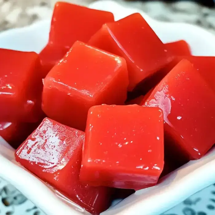 A close look at sparkly red jelly squares sitting in a small white dish.