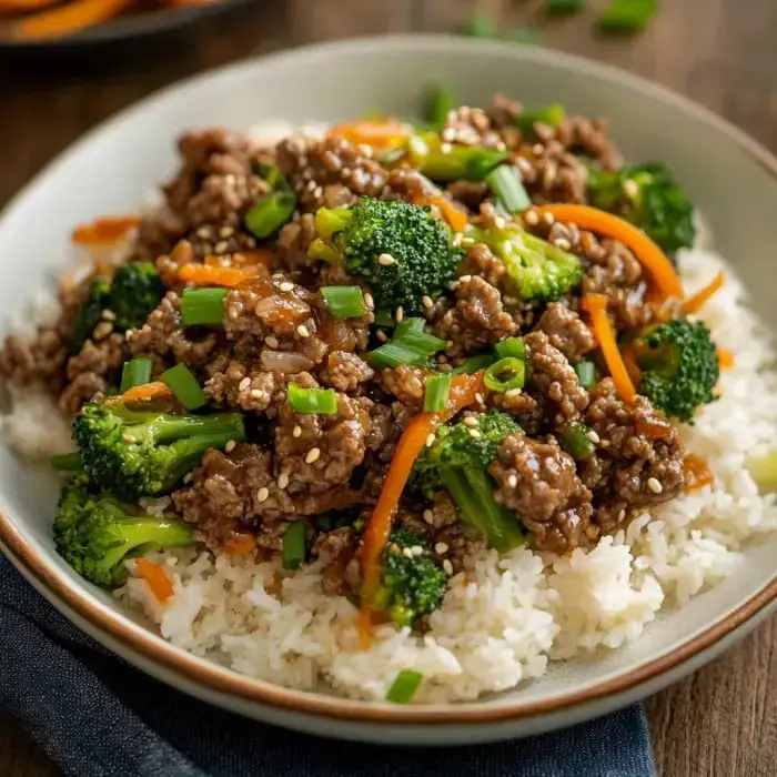 Rice with beef, broccoli, carrots, plus green onions on top and some sesame seeds sprinkled on.
