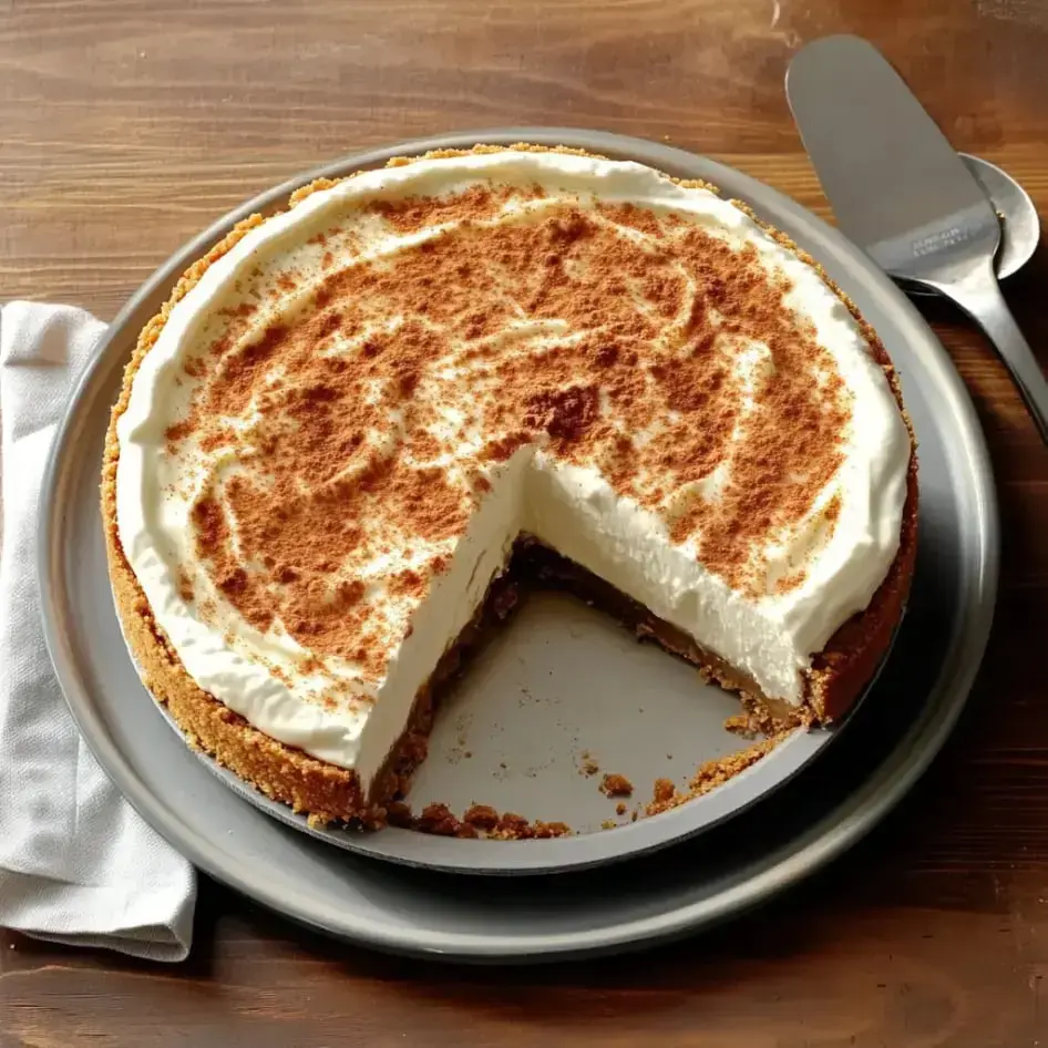 A sliced cheesecake with swirls of whipped cream and cinnamon sprinkled on top, sitting on a gray dish.