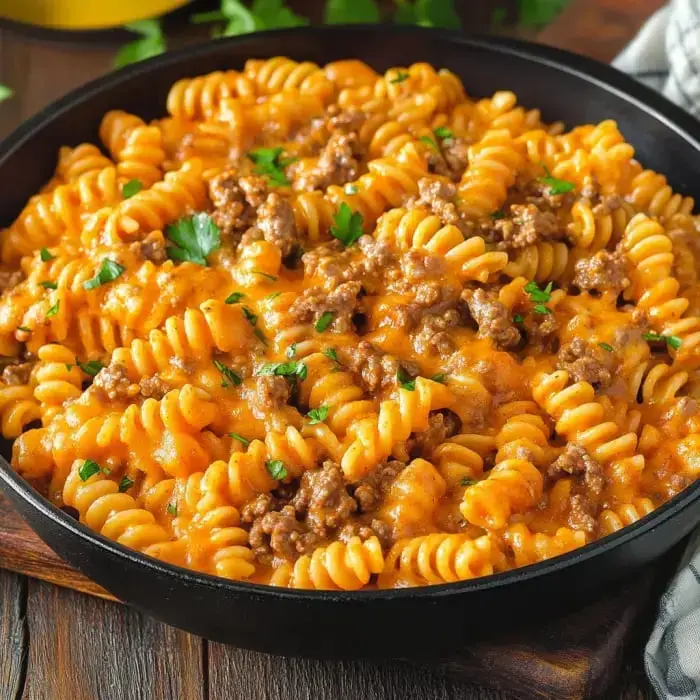 Close up shot of spiral pasta mixed with beef in a creamy cheesy sauce, sprinkled with bright parsley on top.