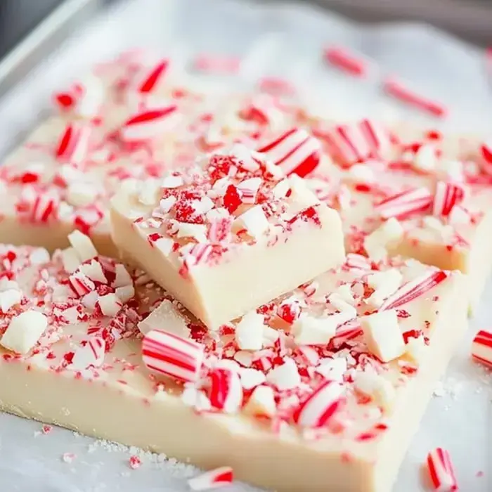 A sweet peppermint square with candy cane pieces sprinkled on top sits among more squares on a tray.