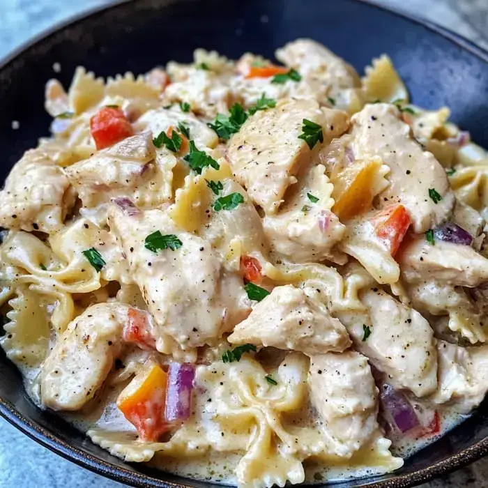 A bowl full of creamy pasta with chicken, bell peppers, and a parsley sprinkle on top.