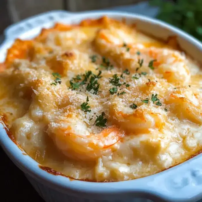 Bubbly shrimp bake covered in crispy breadcrumbs and fresh herbs, straight out of the oven.