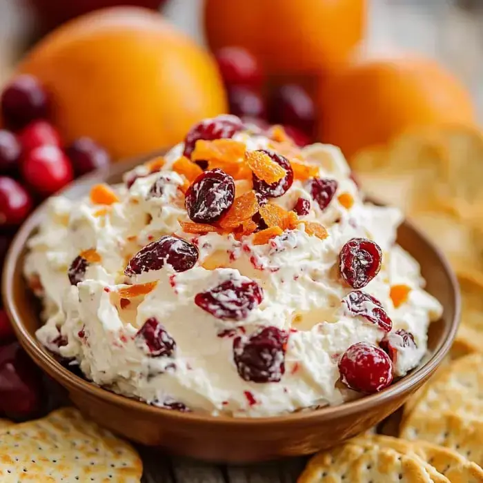 A bowl filled with creamy spread topped with dried cranberries and orange zest, crackers and fresh orange slices all around.