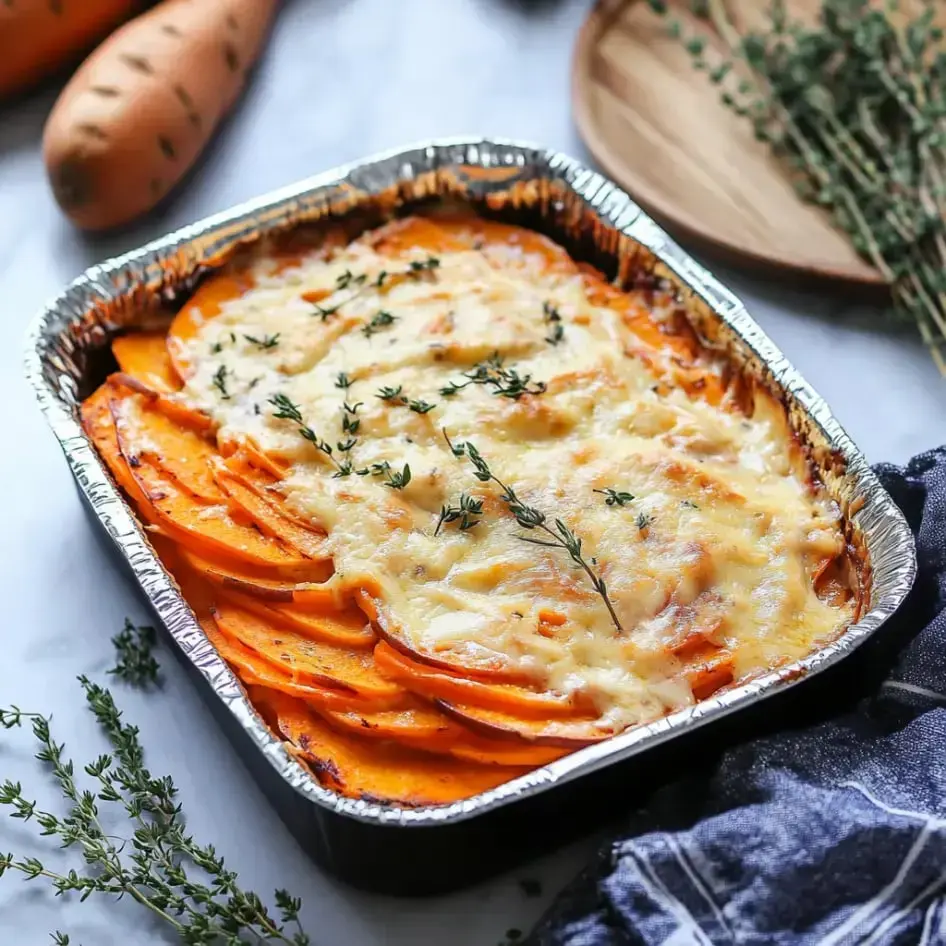 Layered sweet potatoes glowing with melted cheese and fresh thyme on top, fresh out of the oven.