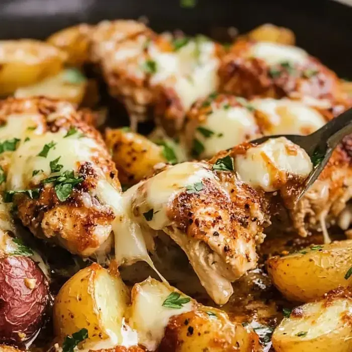Juicy chicken with gooey cheese, roasted potatoes around it, plus a sprinkle of parsley for color.