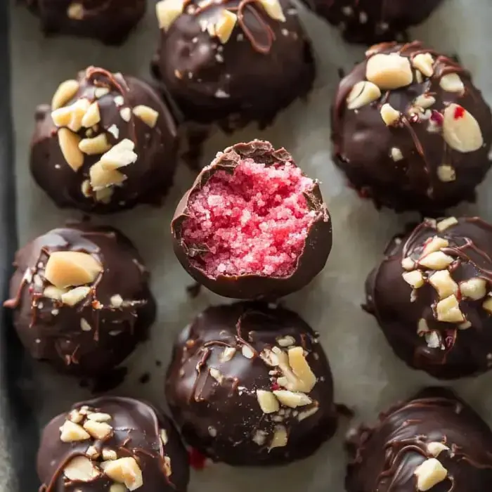 Close-up of chocolate truffles with a bright pink cherry middle showing in one that's been bitten, surrounded by more, all topped with chopped nuts.