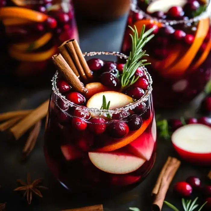 A close-up shot shows a glass full of cranberries, apple, citrus, a cinnamon stick, rosemary, and sugared rim, ready for sipping.