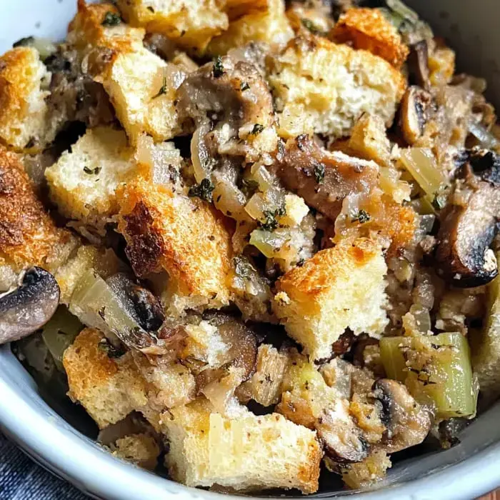 A bowl overflowing with herby bread, mushrooms, tender celery, and golden edges.