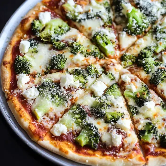 A close-up look at a pizza with broccoli and melted white cheese on a crunchy golden crust.