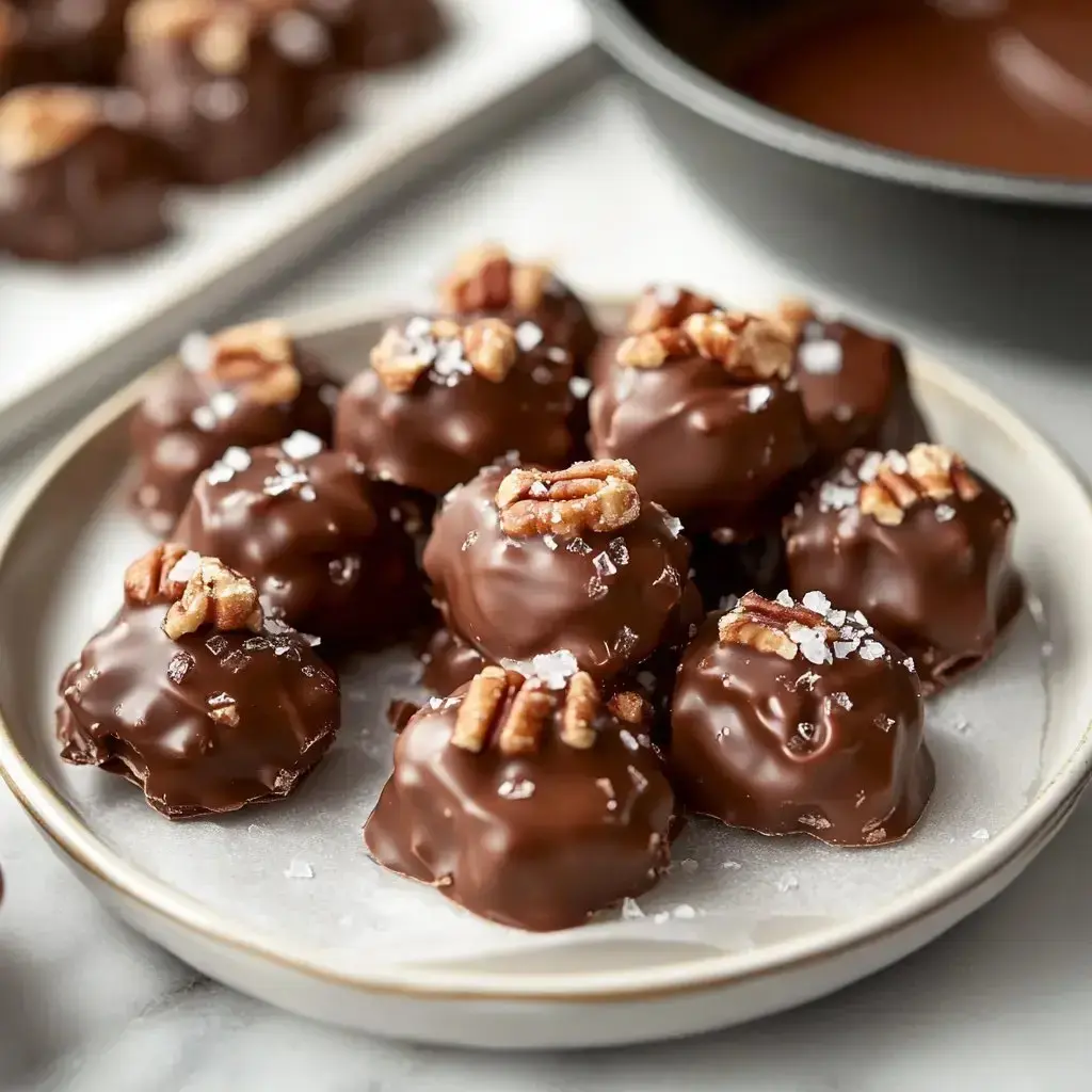 Chocolate candies topped with pecans and sprinkled with flaky sea salt on a plate.