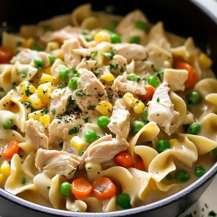 Saucy rotini pasta loaded with juicy chicken and colorful veggies like corn, carrots, and peas—all tossed together in creamy goodness.