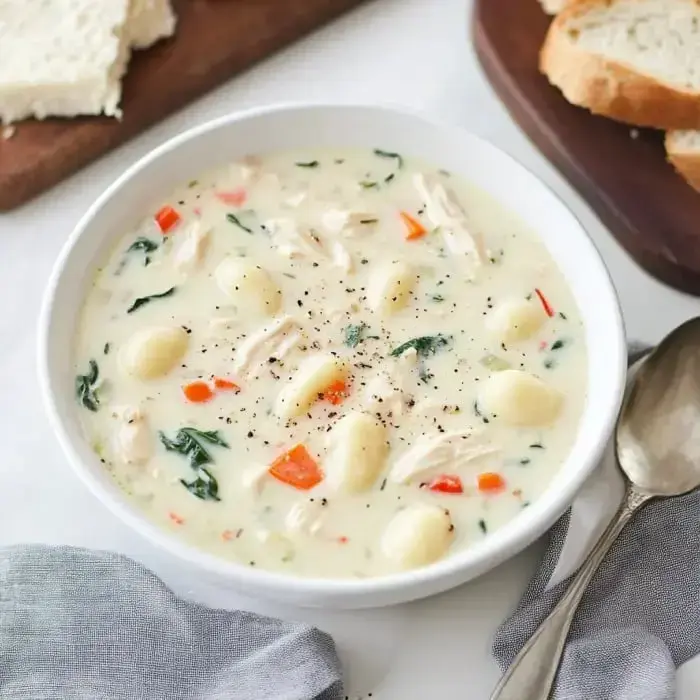 Steaming bowl of creamy chicken and gnocchi soup with bright spinach and red peppers, plus a few slices of bread on a cutting board nearby.