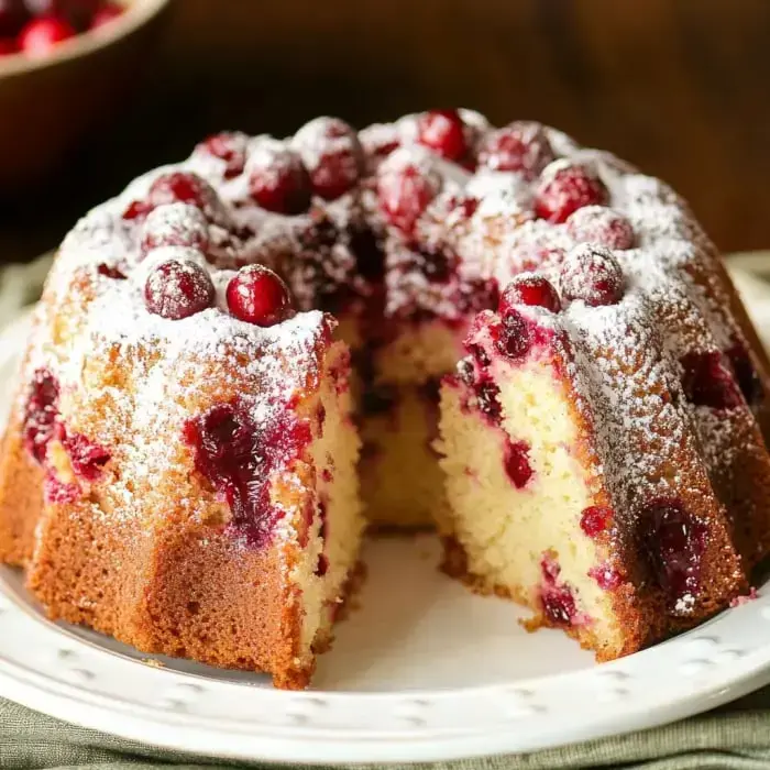 A pretty plate holds sliced bundt cake with cranberries on top and a dusting of sugar.