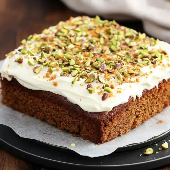 A rectangle of cake slathered in creamy frosting and topped with pistachios and crumbs.