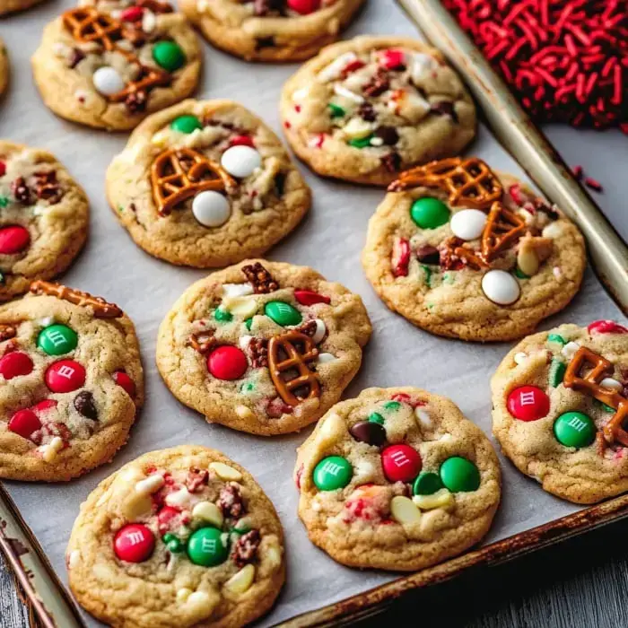 A pan of warm cookies topped with holiday-colored candies, salty pretzel bits, and bright sprinkles.