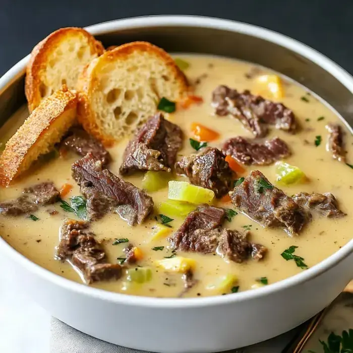 A bright bowl holds creamy soup loaded with beef chunks, veggies, and fresh parsley—crunchy toasted bread on the side makes it extra inviting.