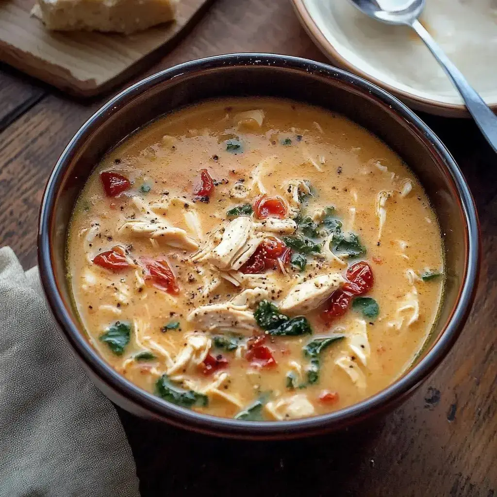 This creamy bowl is full of shredded chicken, fresh spinach, and bright tomato bits, next to a chunk of bread sitting on a wooden table.