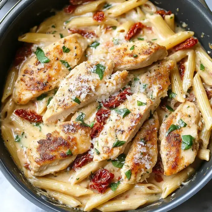 Chunks of juicy chicken, creamy noodles, sun-dried tomatoes, and fresh herbs all together in a black frying pan.