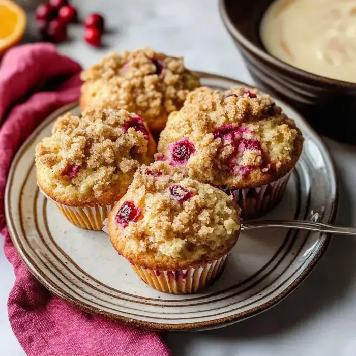 A plate with warm cranberry muffins covered in crumb topping, next to a pink towel and a bowl of cream behind them.