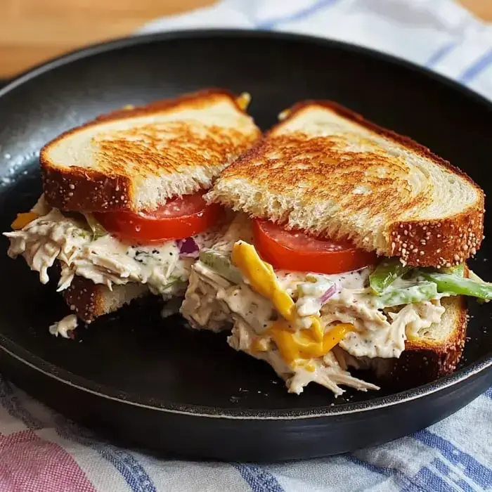 Chicken salad sandwich with lettuce, tomato, and cheese on toasted bread served on a dark plate.