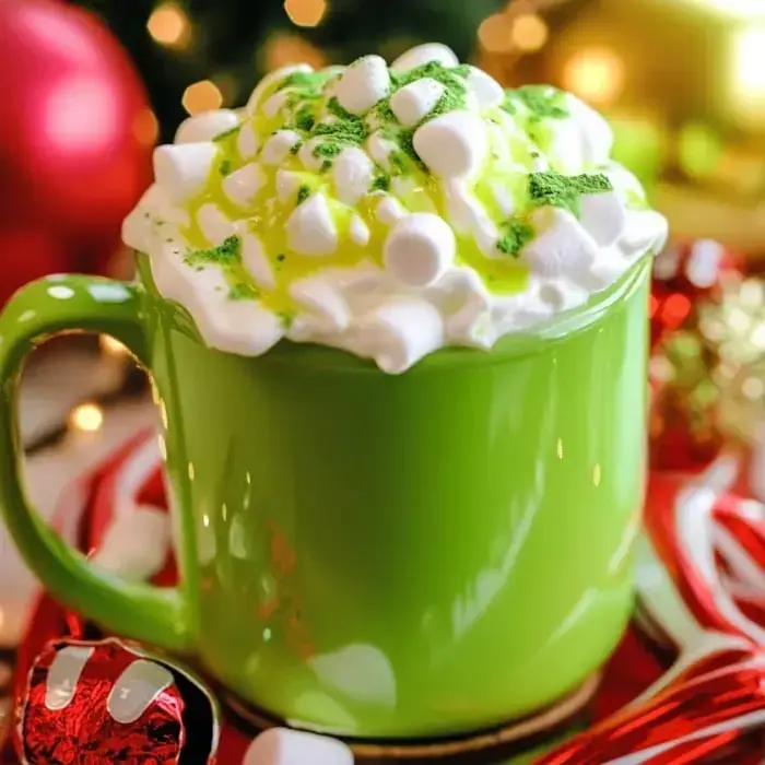 A bright green mug loaded with whipped cream, fun toppings, and marshmallows, all surrounded by holiday vibes.