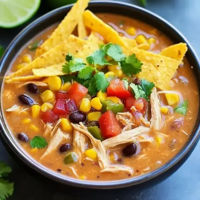 A colorful bowl packed with chicken tortilla soup, topped with crunchy chips, fresh veggies, and cilantro.