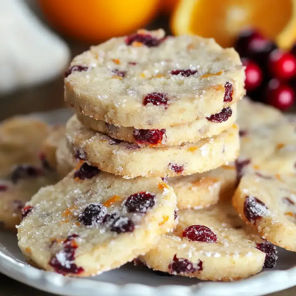 Plate piled with orange and cranberry shortbread dusted in sugar, with more citrus and berries nearby.