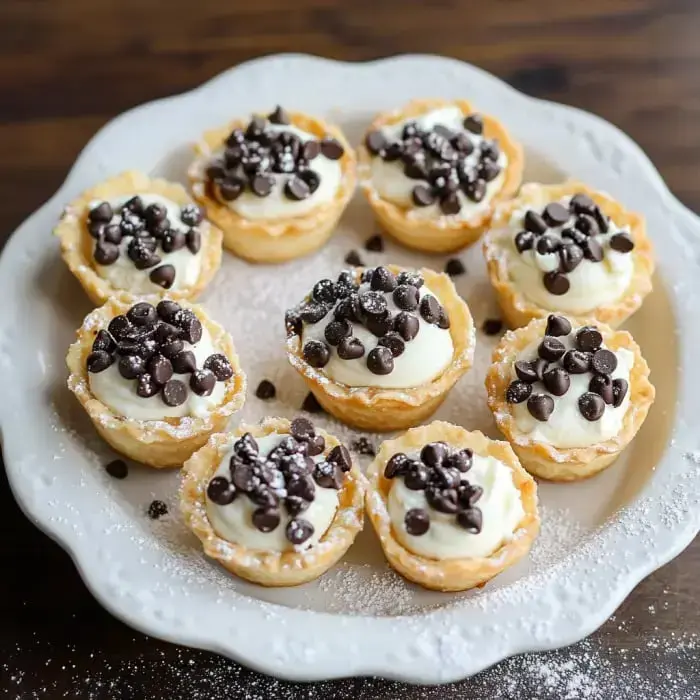 A dish of cream-filled cups topped with chocolate chips and finished with powdered sugar.