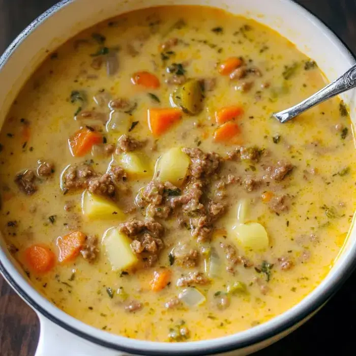 Creamy soup made with ground beef, carrots, potatoes, and herbs, in a white bowl with a metal spoon on the side.