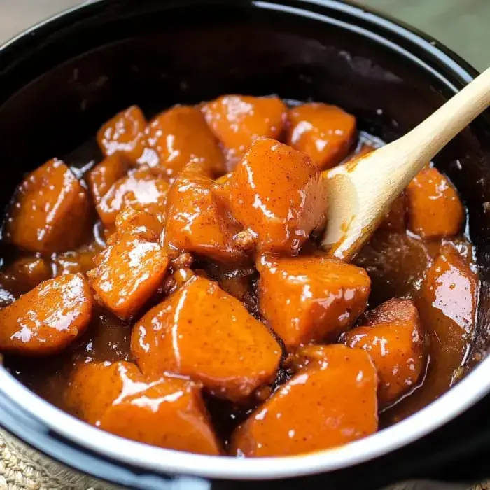 Big chunks of sweet potato in shiny brown sauce with a wooden spoon scooping some out of a black serving bowl.