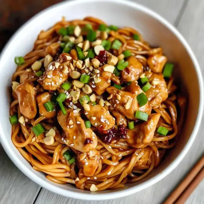 Chicken noodles piled in a bowl, finished with chopped peanuts, sesame seeds, and sliced green onions on top.