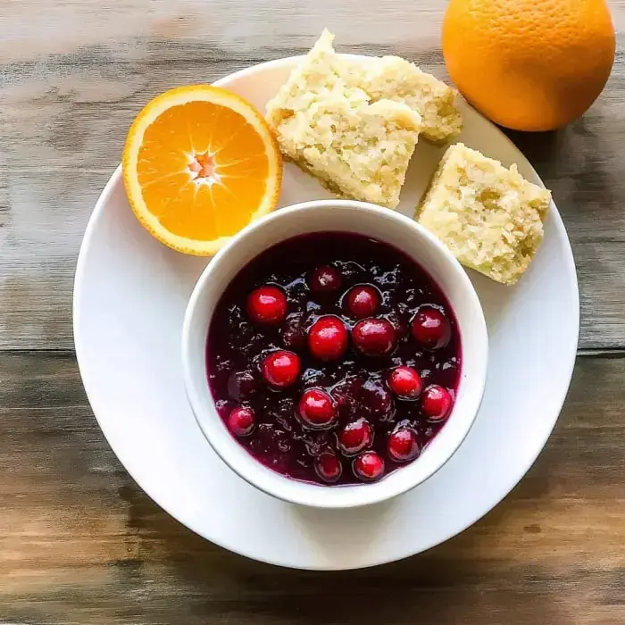 You see cranberry sauce in a bowl with whole cranberries, a couple hunks of cornbread, and slices of orange on a plate.