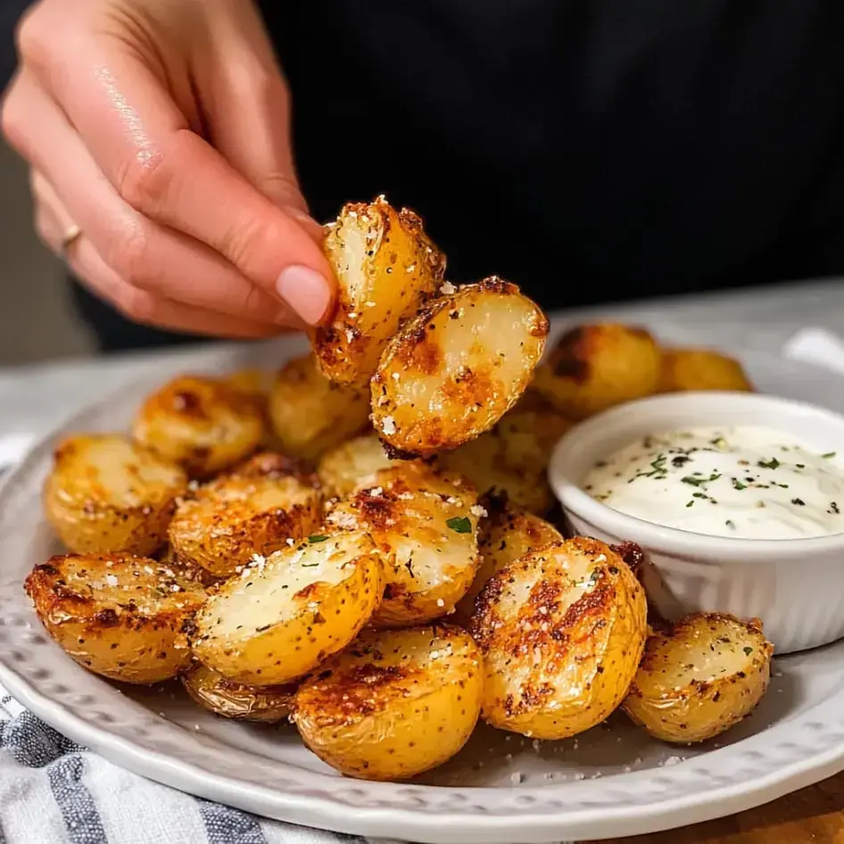 Someone's grabbing a crispy, oven-roasted potato next to a creamy dip on a plate.