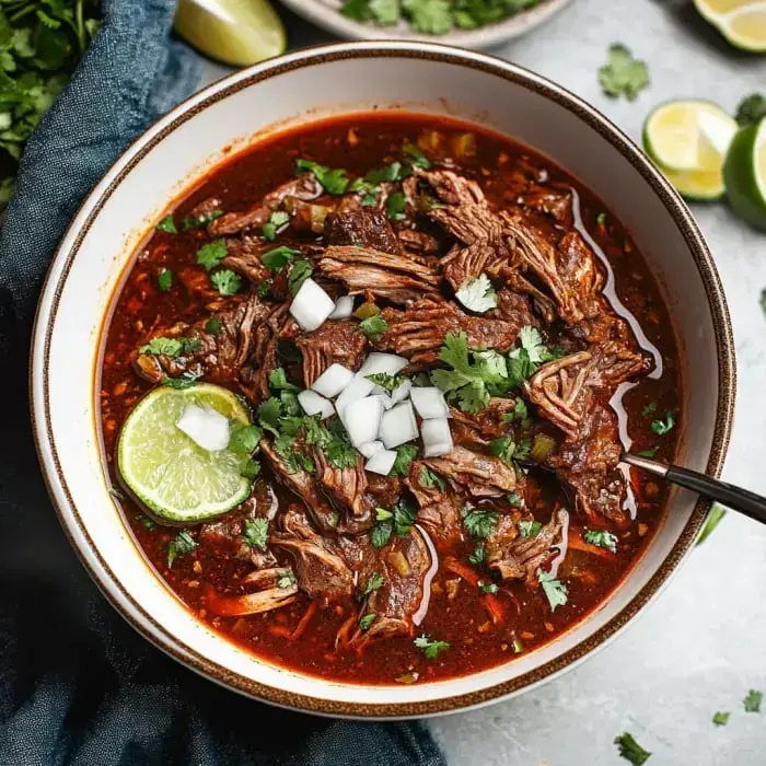 Rich red beef stew loaded with onions, cilantro, and a wedge of lime in the bowl.