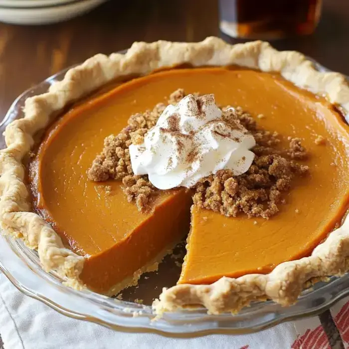 A round pie in a glass dish, topped with a mound of whipped cream and pieces of crumbled topping, with one slice already missing.