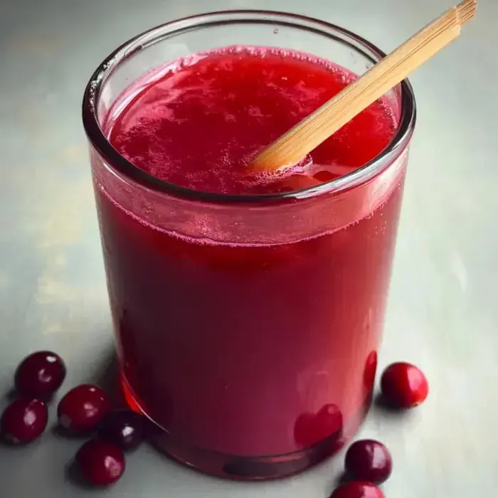 A tall glass of bright red juice with a wooden spoon, fresh cranberries all around.