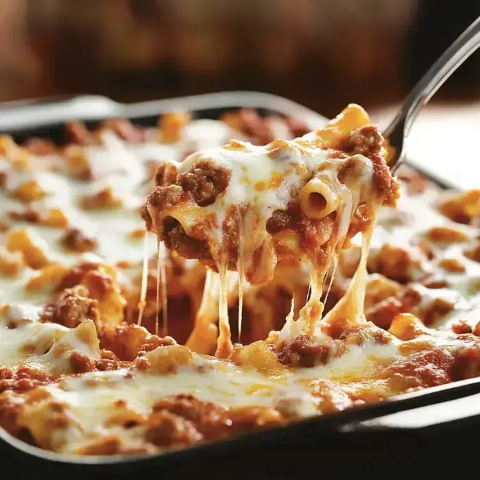 A cheesy scoop of baked pasta loaded with sausage and sauce being lifted out, showing off the stretchy cheese.